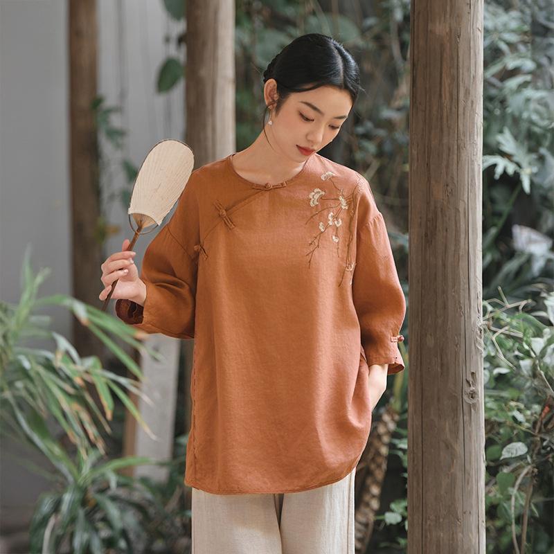 Johnature Женские рубашки с вышивкой, с цветочным узором, с круглым вырезом, топы в китайском стиле, однотонные блузки, летние свободные рубашки