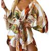 Asymmetrical Hem Elegent Beauty Lady Dress Tropical Print Sexy Women Dress Tie Front V Neck Mini Dress Beachwear