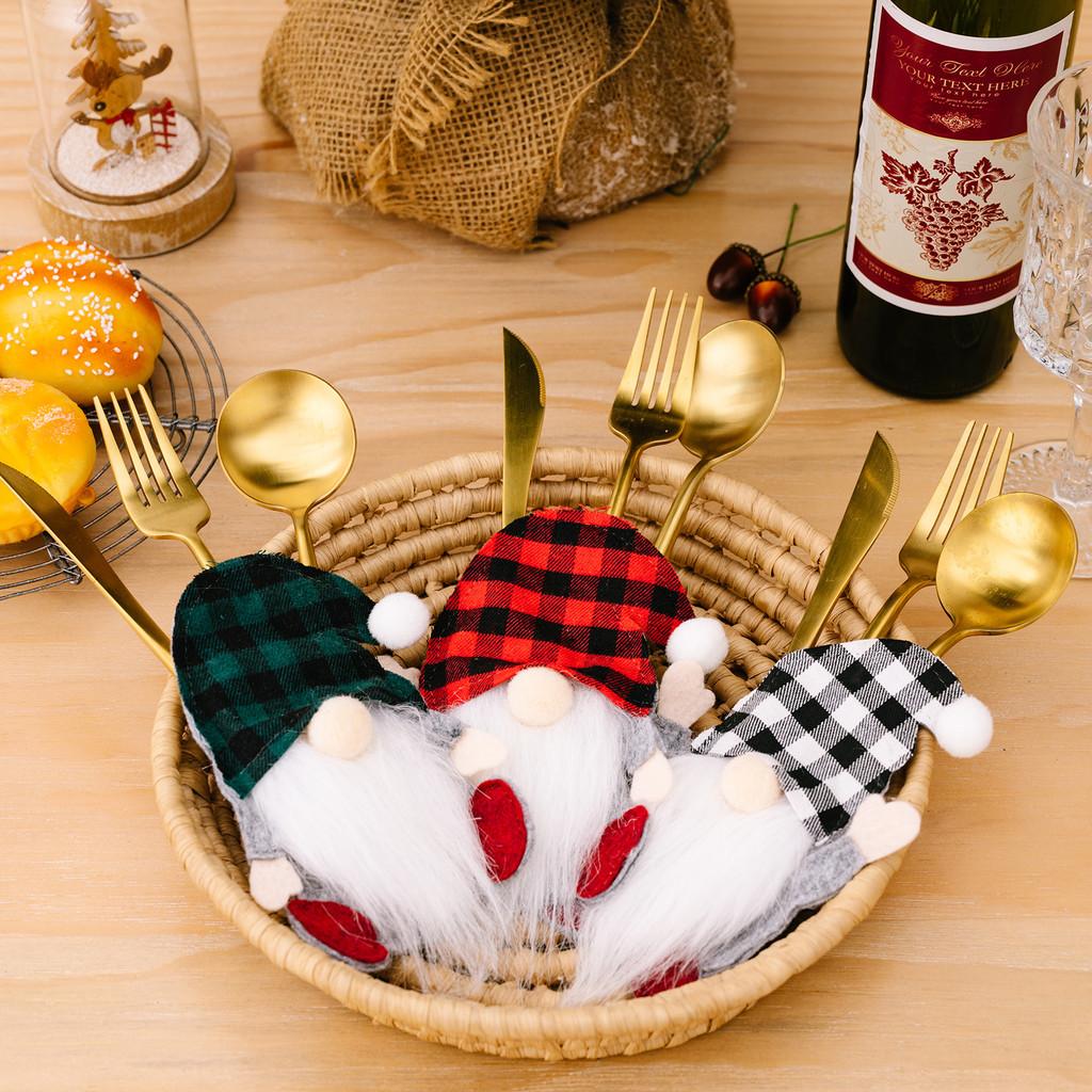 Festive Checkered Hat Gnome Tabletop Ornament With Cutlery Holder For Holidays