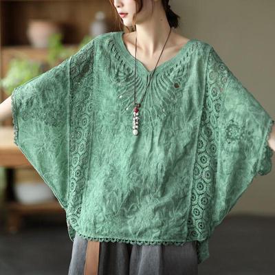 Хлопковый зарубежный стиль, кружевной топ с v-образным вырезом и вышивкой, женская свободная большая солнцезащитная блузка, праздничный стиль снаружи