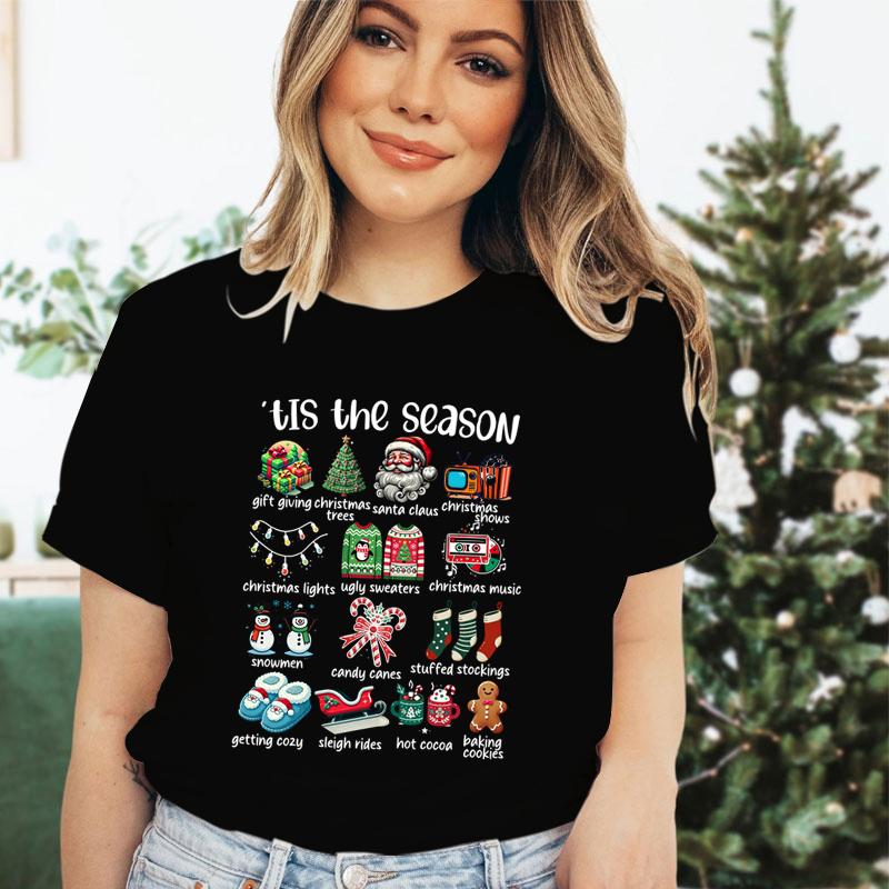 Retro Christmas Season Design TShirts Clothing Women Christmas Print Short Sleeve Tshirt Tops Oversized Tshirt Women Clothing