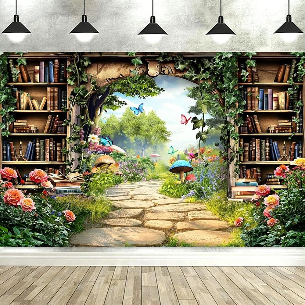 Заколдованный Лес Фея Библиотека Фон Весенний Лесной Книжный Шкаф, Декор для Дня Рождения и Баннер для Малыша Реквизит для Фотобудки - Гобелен