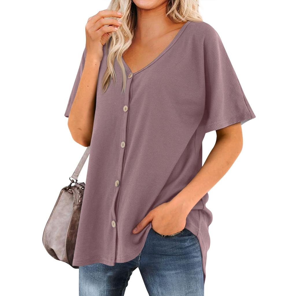Women's T Shirt Tee Solid Color Women's Shirts V Neck Short Sleeve Button Up Tunic Tops Blouse