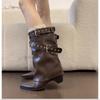 Ретро ботильоны на толстом каблуке средней высоты женские 2025 новая осень универсальные остроносые ботинки в ковбойском стиле с пряжкой-ремнем ботинки-брюки