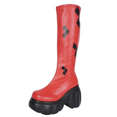 Мода 11 см Женский панк-стиль Осень Массивная платформа Высокий ботинок Вечеринка Обувь Дамы Черный Красный Смешанный Толстый каблук Эластичные ботфорты до колена