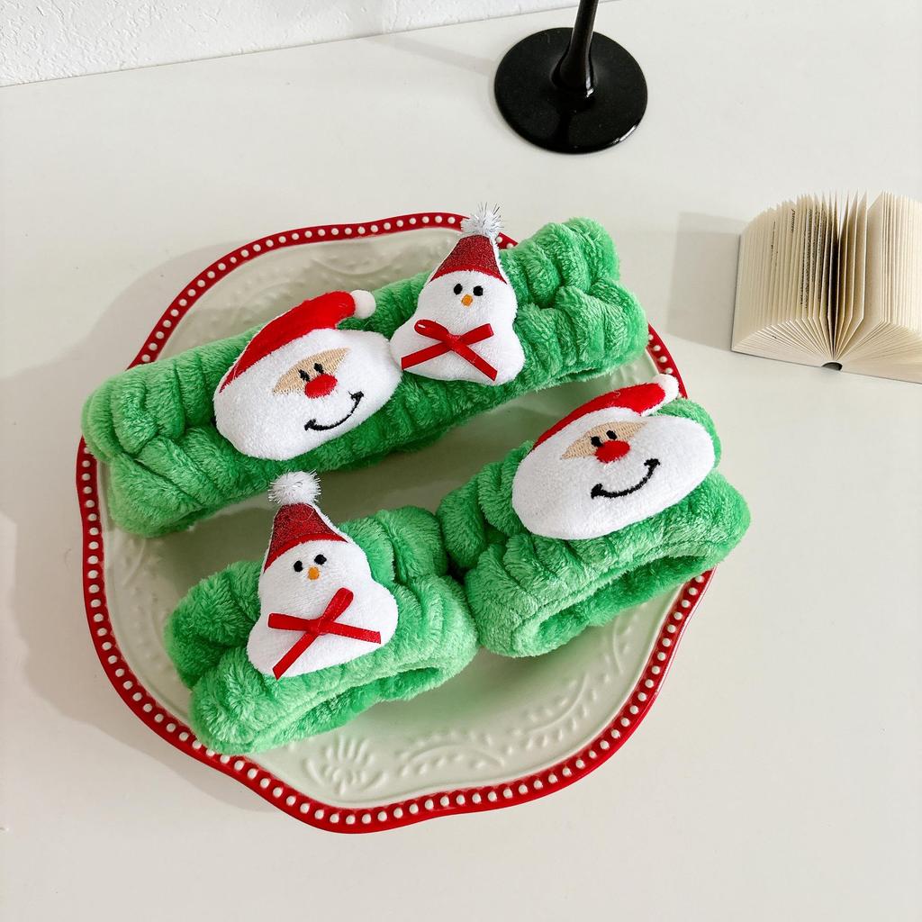 Рождественский плюшевый набор повязки на голову и напульсника для женщин - Водонепроницаемый аксессуар для макияжа и умывания лица.