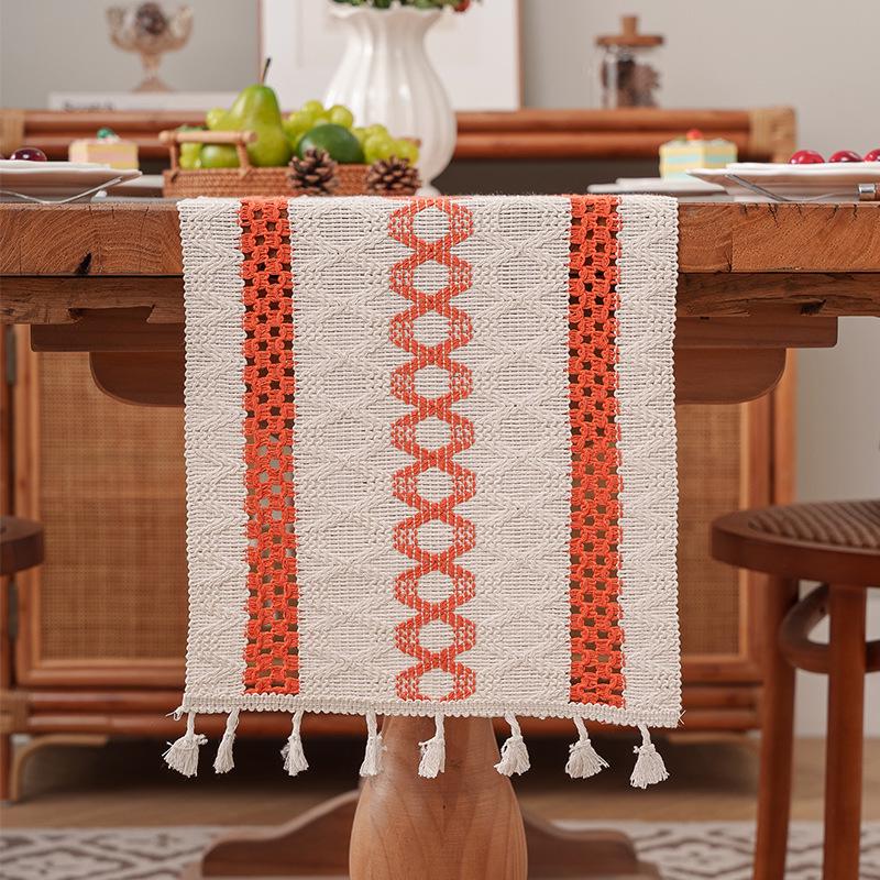 Дорожка для стола с кисточками из хлопка и льна в этническом стиле - легкое роскошное праздничное украшение