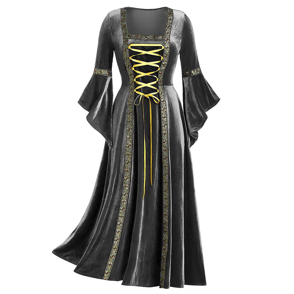 Vintage Gothic Bandage Women Dress Flare Sleeve Floor Length Goth Vampire Witch Dresses Medieval Renaissance Cosplay
