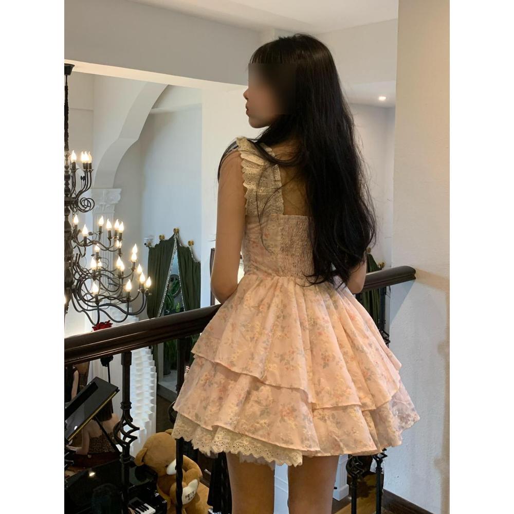 Sweet Spice Girl Blue Floral Dress Women's Summer Small Man Design Sense Princess Cake Dress Waist Fluffy Dress