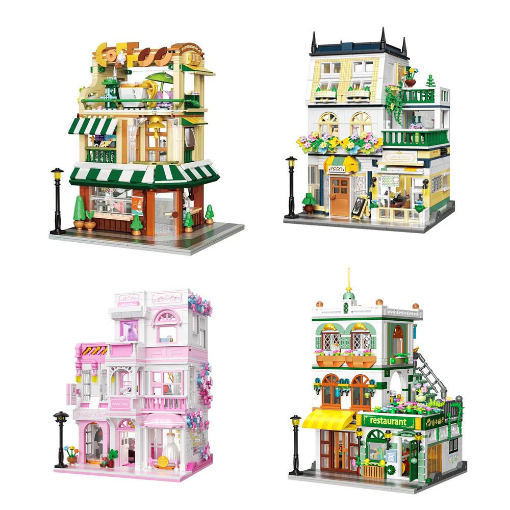 City Street View Building Bricks Coffee Wedding Shop Restaurant Mini Block Cafe House Garden Hotel Toys With Light For Gift
