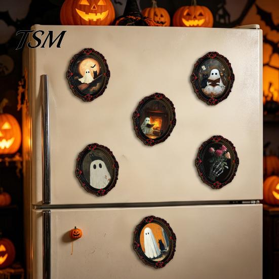 Strong Soft Magnet Fridge Accessories Halloween Wooden Refrigerator Magnets, Vintage Gothic Oval Frame Magnets with Witch Waterproof Party Supplies