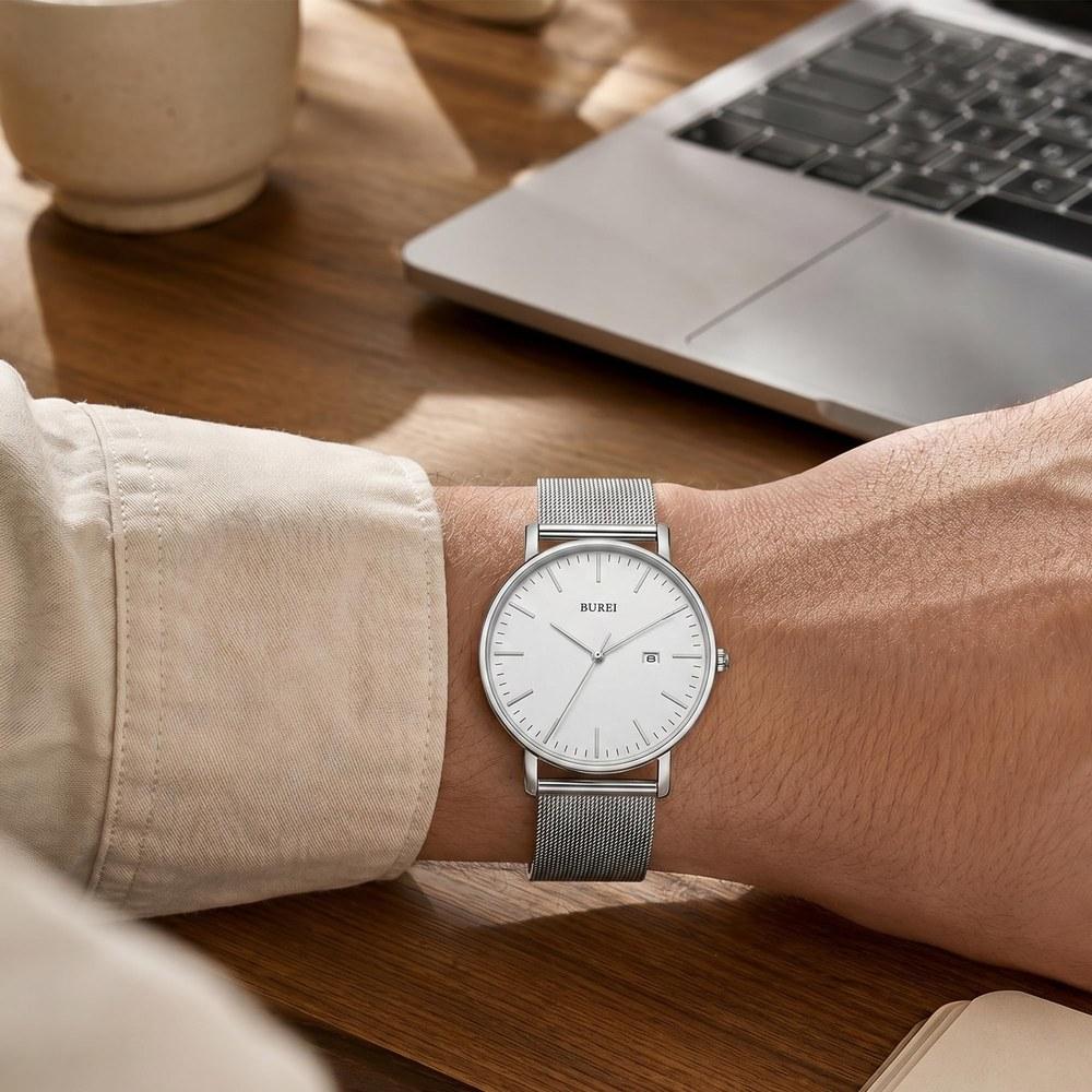 BUREI Men's Stylish Waterproof Analog Watch Silver White Milanese Mesh Band Fashion Wristwatch