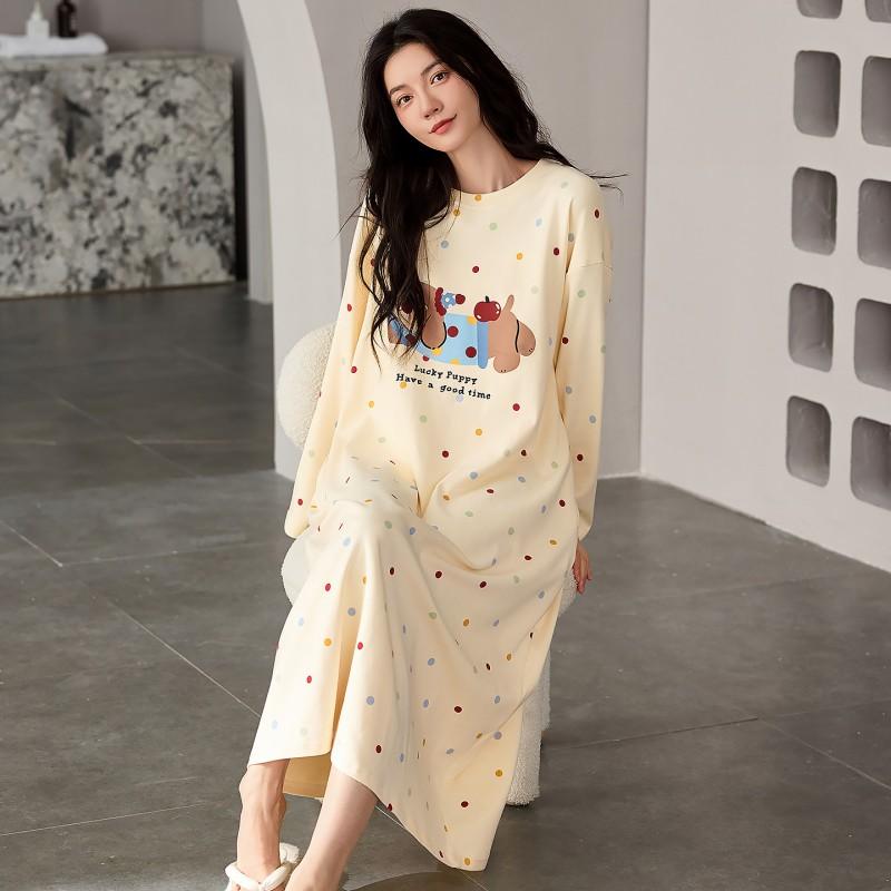 2026 Womens Cotton Long Sleeve Cute Cartoon Nightgown Casual Home Dress