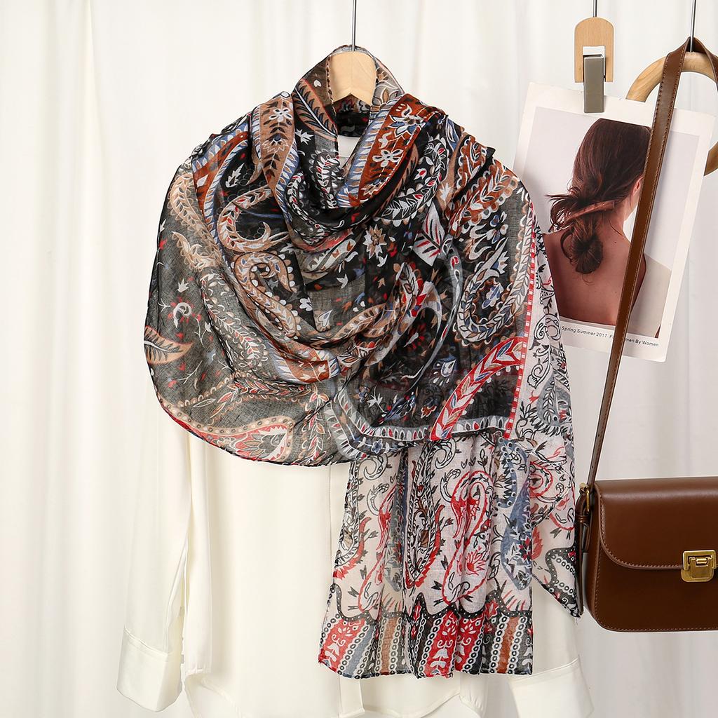 Printed Viscose Cotton Foulard Femme Scarf Floral Muslim Hijabs for Woman Long Thin Shawls and Wraps Travel Sunscreen Stoles