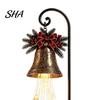 Solar Powered Yard Accents Christmas Bell Waterfall Light, LED Metal Garden Stake with Red Ribbon, Traditional Holiday Decor Auto On/Off, Waterproof