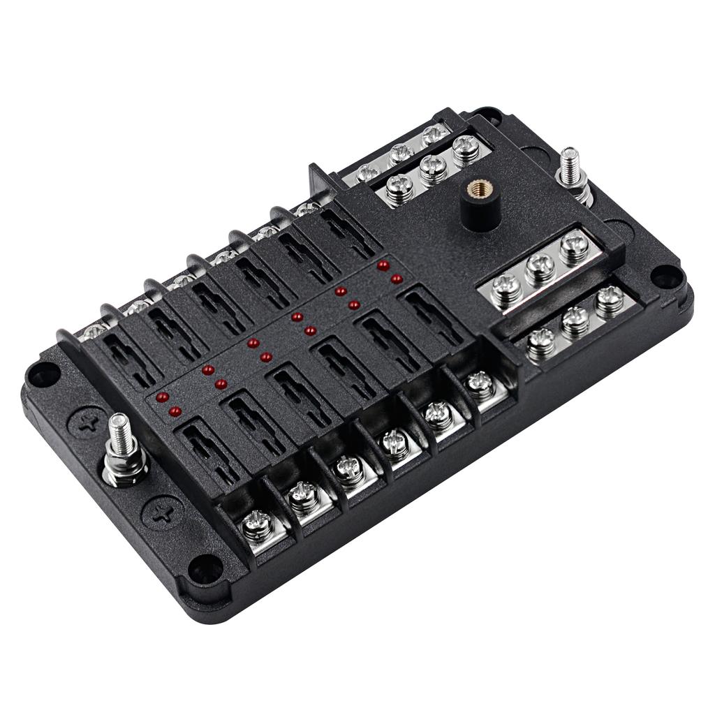 Automotive Marine Boat Fuse Block Waterproof 12 Way with 12 Ground Negative Busbar [100 Amp Max] [ATC/ATO Fuses] [LED Indicator] for Car RV Golf Cart
