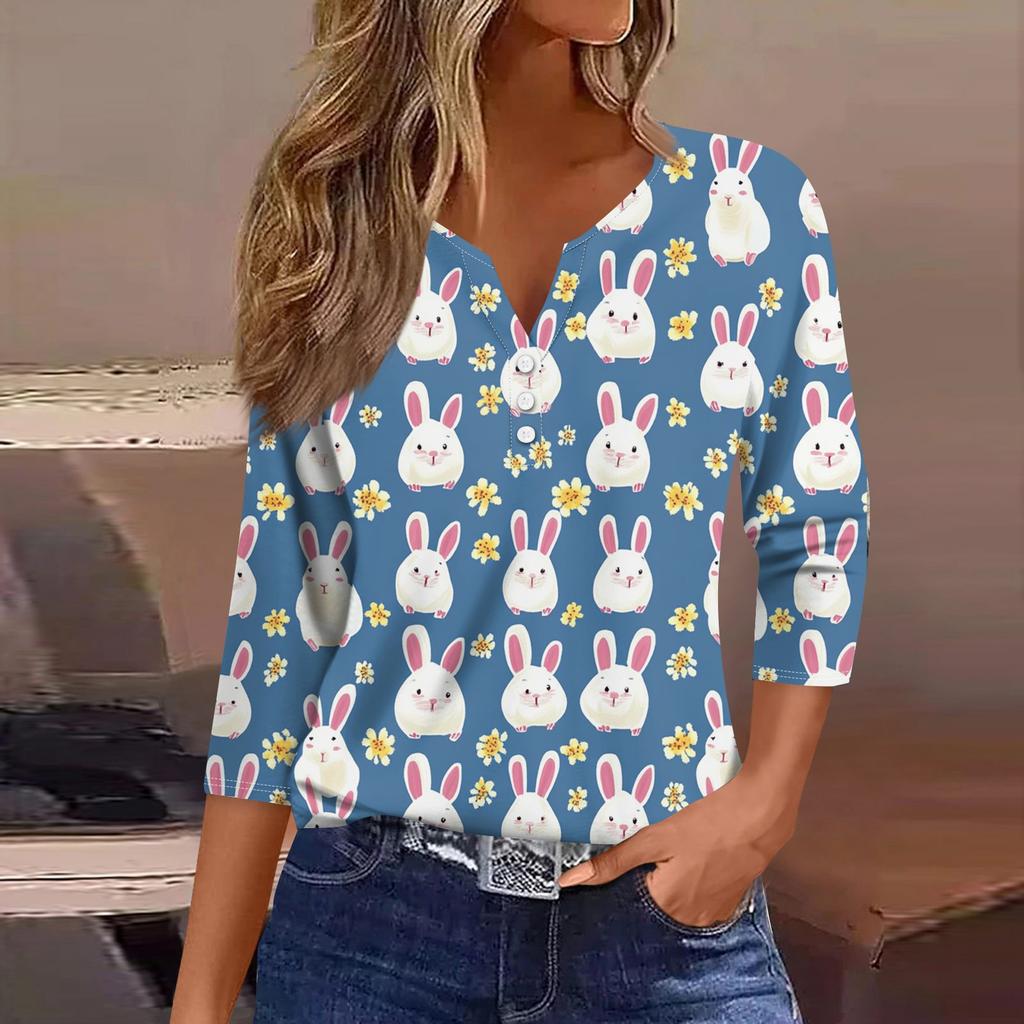 Жен. Футболка Футболка С принтом Пуговицы Рукав 3/4 Повседневные Выходные Мода Классический V-образный вырез Обычный Топ