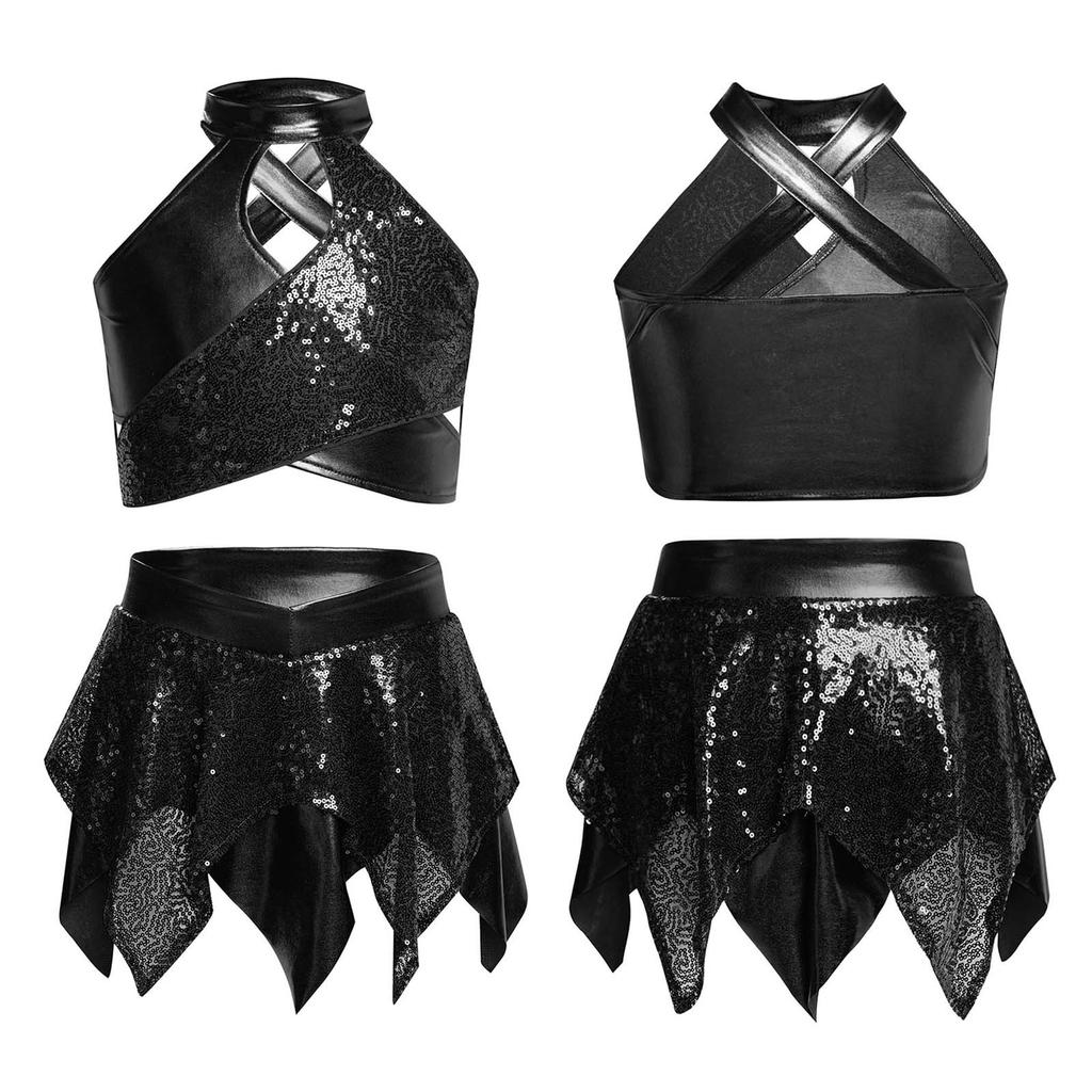 Детский костюм для хип-хопа, джаза, танцев, блестящий бальный костюм, комплект из 2 частей: кроп-топ и юбка с неровным подолом