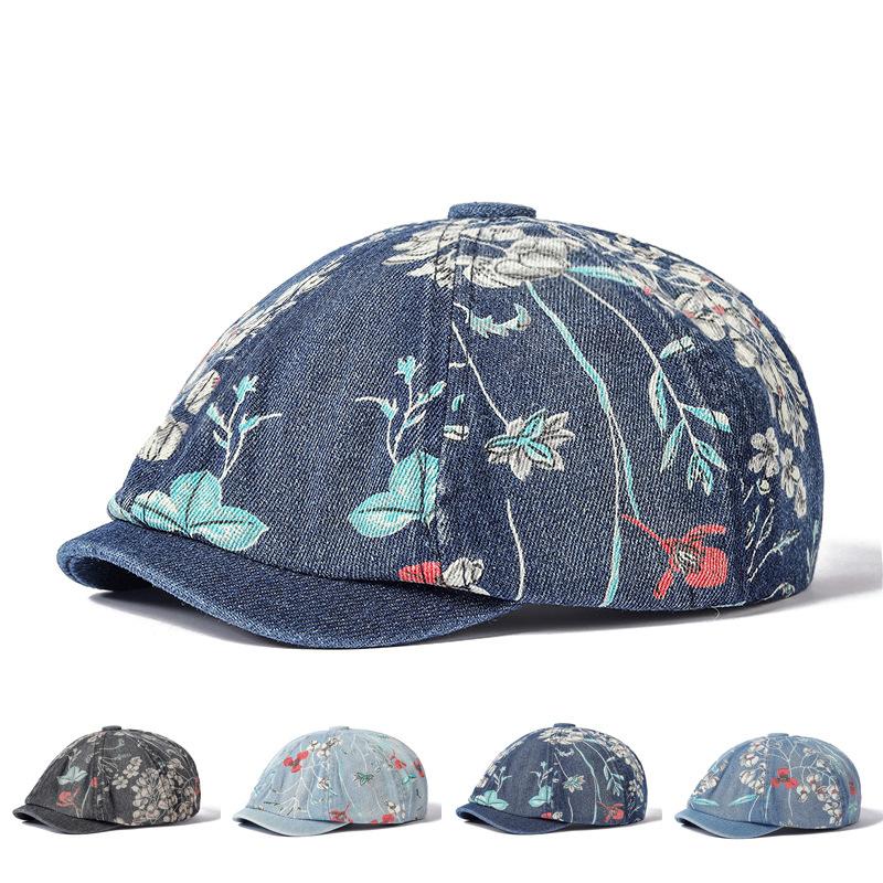 Denim Octagonal Hat Women's Print Newsboy Cap Girl Denim Cap Forward Hat Painters Hats