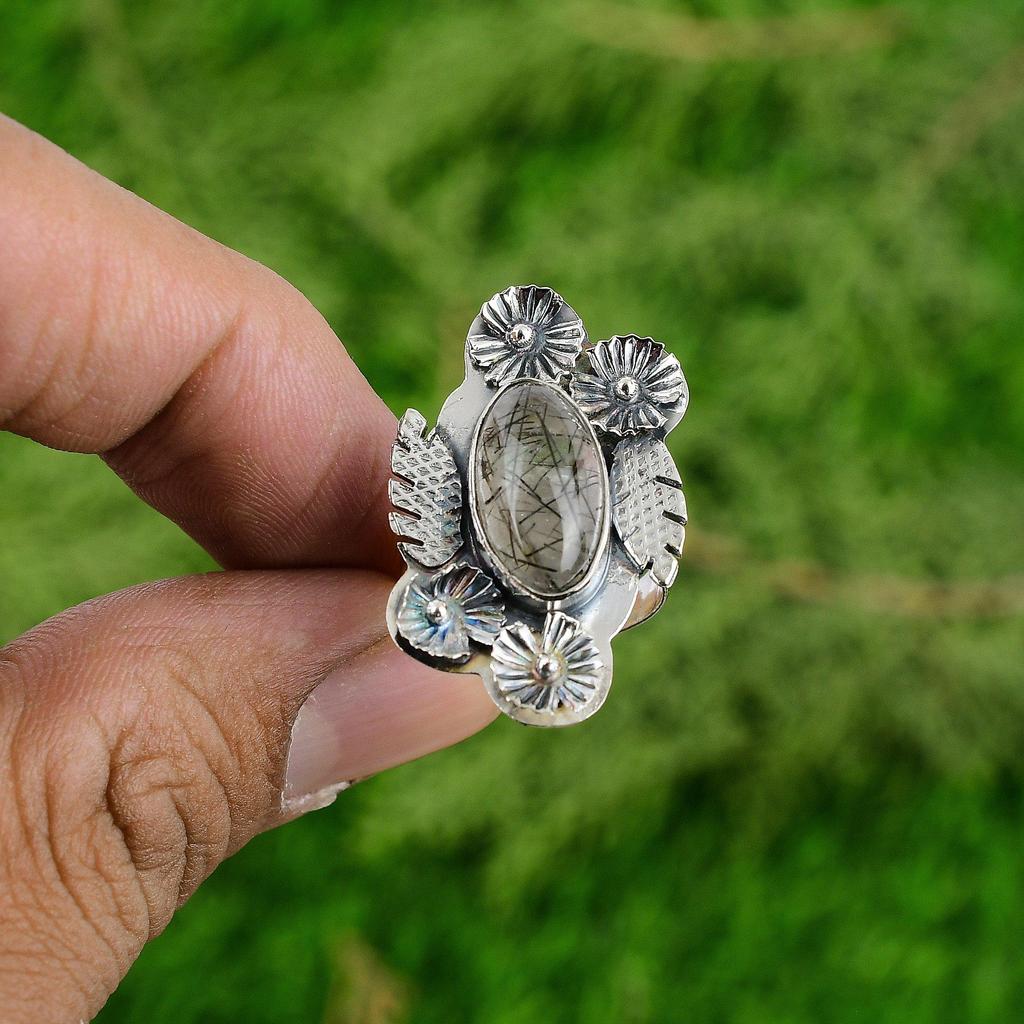 Natural Black Rutilated Quartz 925 Silver Flower Adjustable Ring For Women