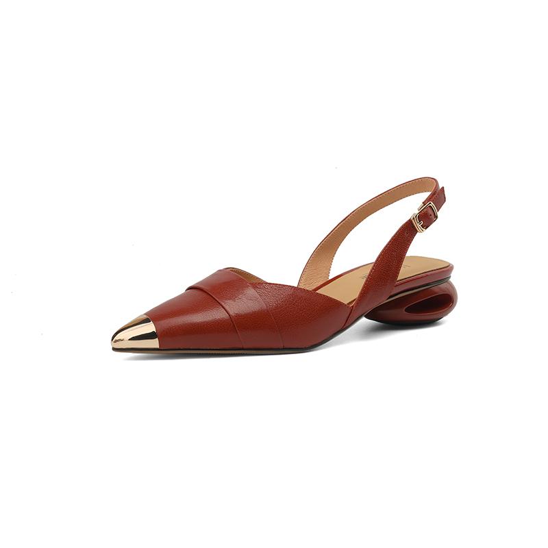 2024 New Summer Fashion Women Shoes Genuine Leather Pointed Toe Women Sandals Chunky Heel Shoes for Women Soft Mid Heel Sandal