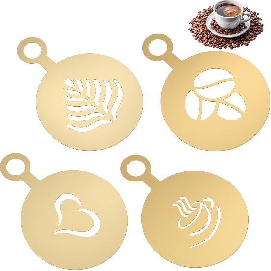 4 Pcs Stainless Coffee Stencils Latte Art,Latte Art Stencils,Lattes Stencilss with Various Patterns for Cappuccino Chocolate Lattes Cake Decorating