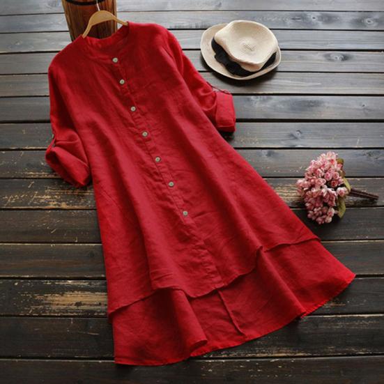 O-neck Buttons Up Roll-up Sleeves High-Low Hem Women Shirt Summer Solid Color Mid-Length Thin Shirt Female Clothing