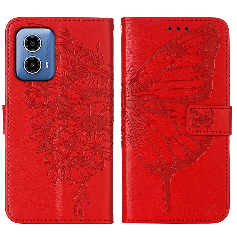 For Motorola Moto G45 5G/G34 5G Wallet Case with Wrist Strap Butterfly Imprint Leather Phone Cover