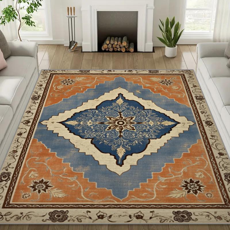 European Retro Pattern Living Room Big Rug, Crystal Velvet Study Mat, Easy To Take Care of Wear-resistant Bedroom Carpet