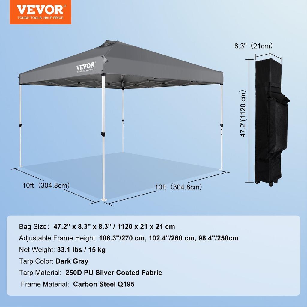 Pop Up Canopy Party Tent 10x10 ft with Portable Bag for Camping Dark Gray
