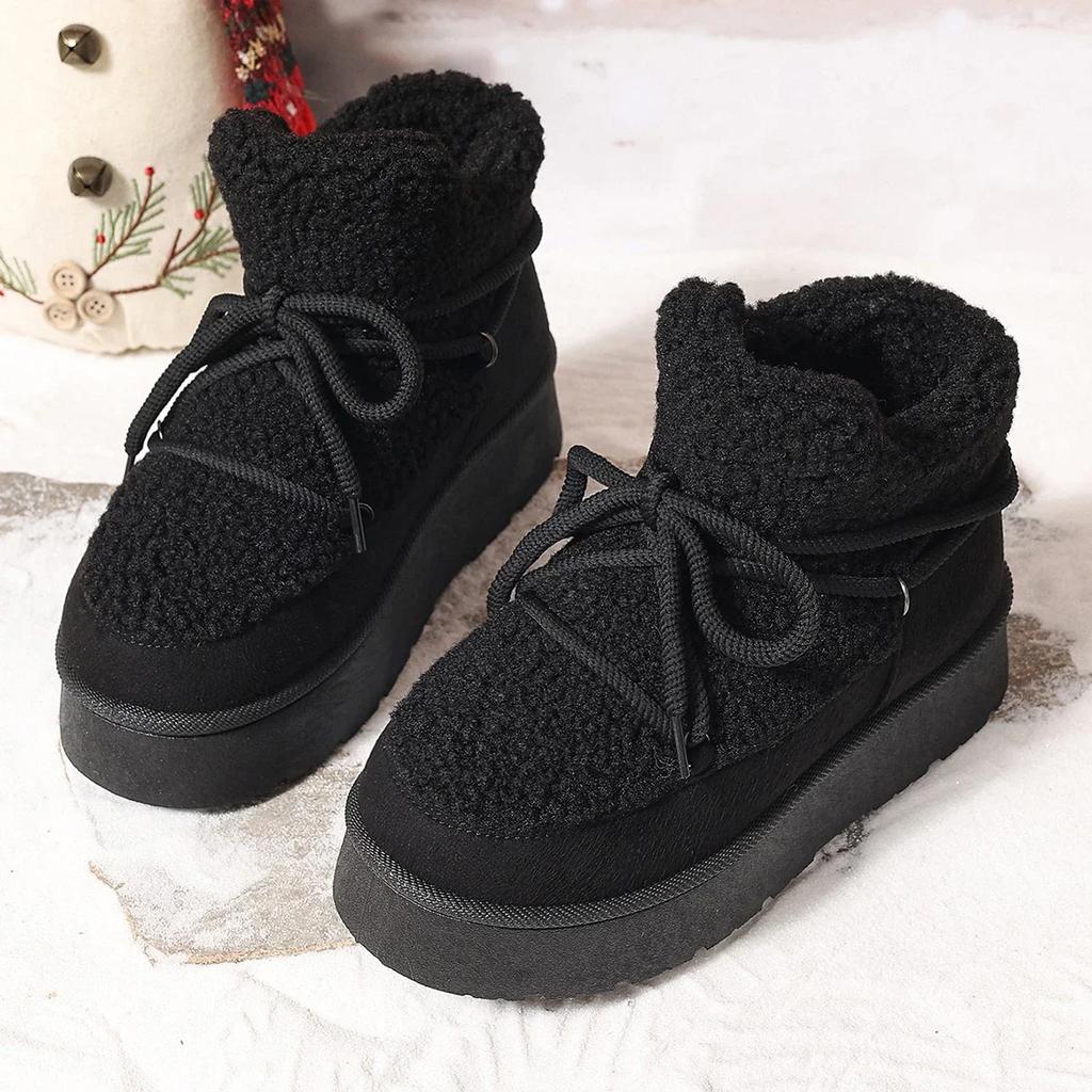 Fashion Women's Chunky Fluffy Fur Lace Up Winter Boots New Faux Shearling Warm Comfort Ankle Boots Anti-slip Platform Snow Booties