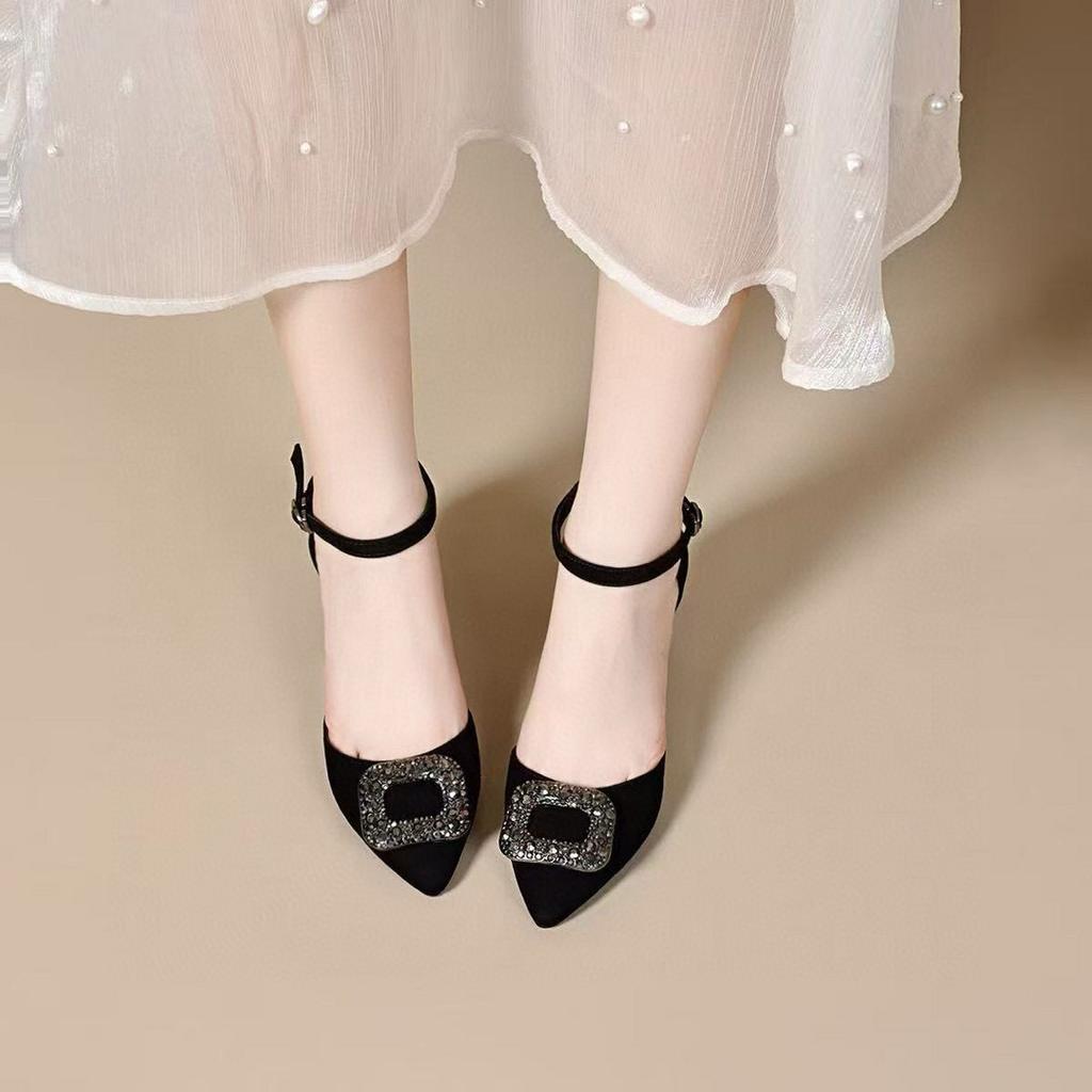 Hollow Sandals Women's Summer New Pointed Square Buckle Stiletto Women's Shoes One-word Buckle Black Elegant High Heels