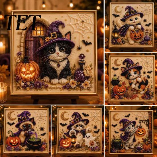 Family Fun Handcrafts Halloween Cat Faux Pearl Painting Art Kit, Spooky 3D Beads Creative Gift Crafts, Cute Witch Gem Wall for Adults, Craft