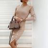 Women Fashion Casual Solid Color  Button Decoration Sexy Slim Long Sleeve Knit Split Dress