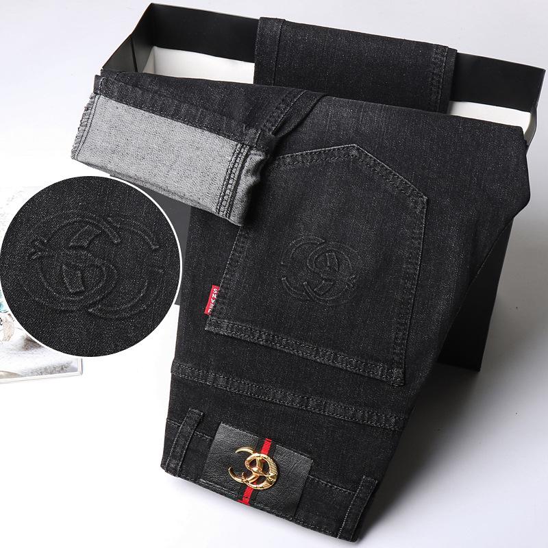 Весенние и осенние черные эластичные джинсы мужские облегающие маленькие прямые брюки качественные большие повседневные мужские брюки