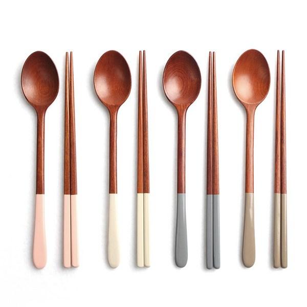 Breathing Tree Pastel Lacquered Spoon Set of 4, Pink + Cream + Gray + Mocha, 4 Spoons + 4 Chopsticks, 1 Piece, Korean Popular Tableware