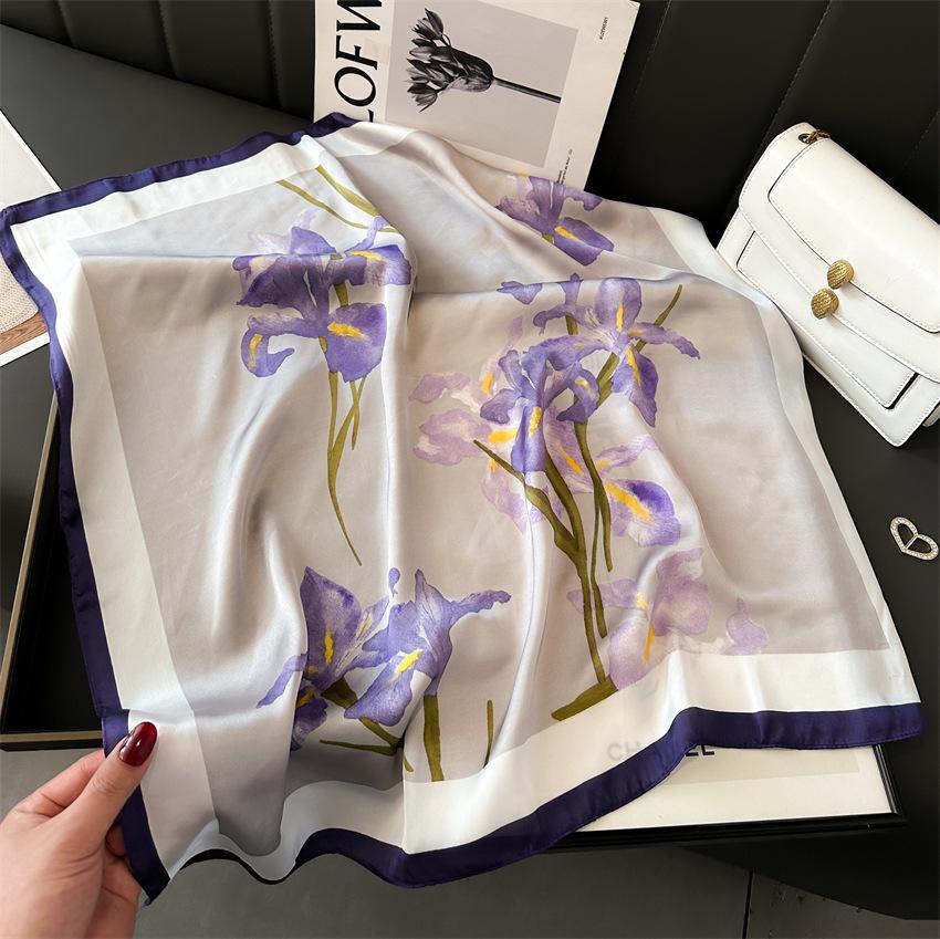 Elegant Lavender Print Shawl Square Scarf for Women Satin Fashion Wraps Neckerchief Female Hair Bands Ribbon Headband Bandana