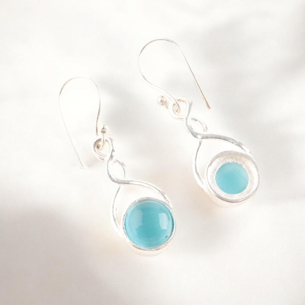 Привлекательные серьги ручной работы из стерлингового серебра 925 пробы с камнем «кошачий глаз» синего цвета, 1,68" CE-15-43