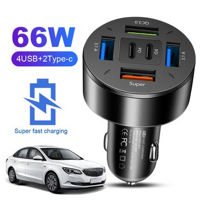 66 Вт 6-портовый автомобильный зарядный адаптер 12-24 В QC3.0 PD Type C зарядное устройство для мобильного телефона USB A+USB C для iPhone 15 14 Xiaomi Huawei Samsung