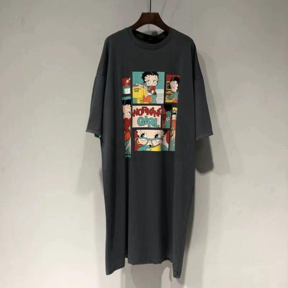 Cartoon printed women's clothing large size Korean version dress loose and thin short-sleeved pregnant women lazy long knee belly cover skirt