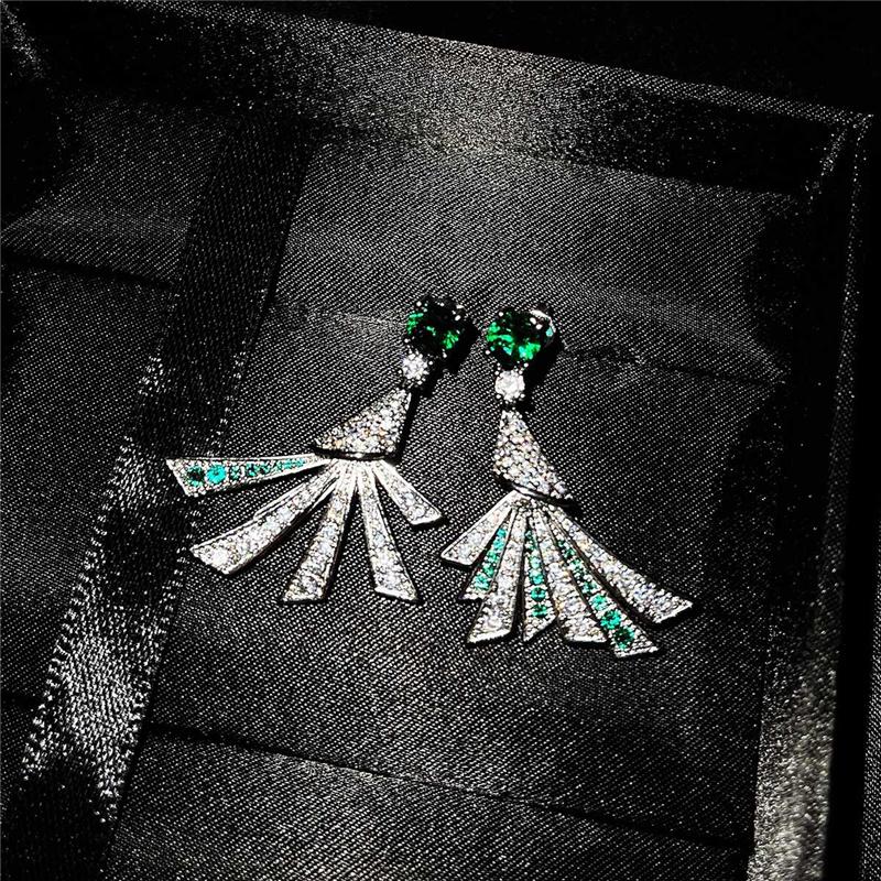 Модные серьги из стерлингового серебра 925 пробы, длинные аксессуары для девочек, блестящие цирконовые зеленые листья, веерообразные серьги-капли, женские ювелирные изделия, подарок