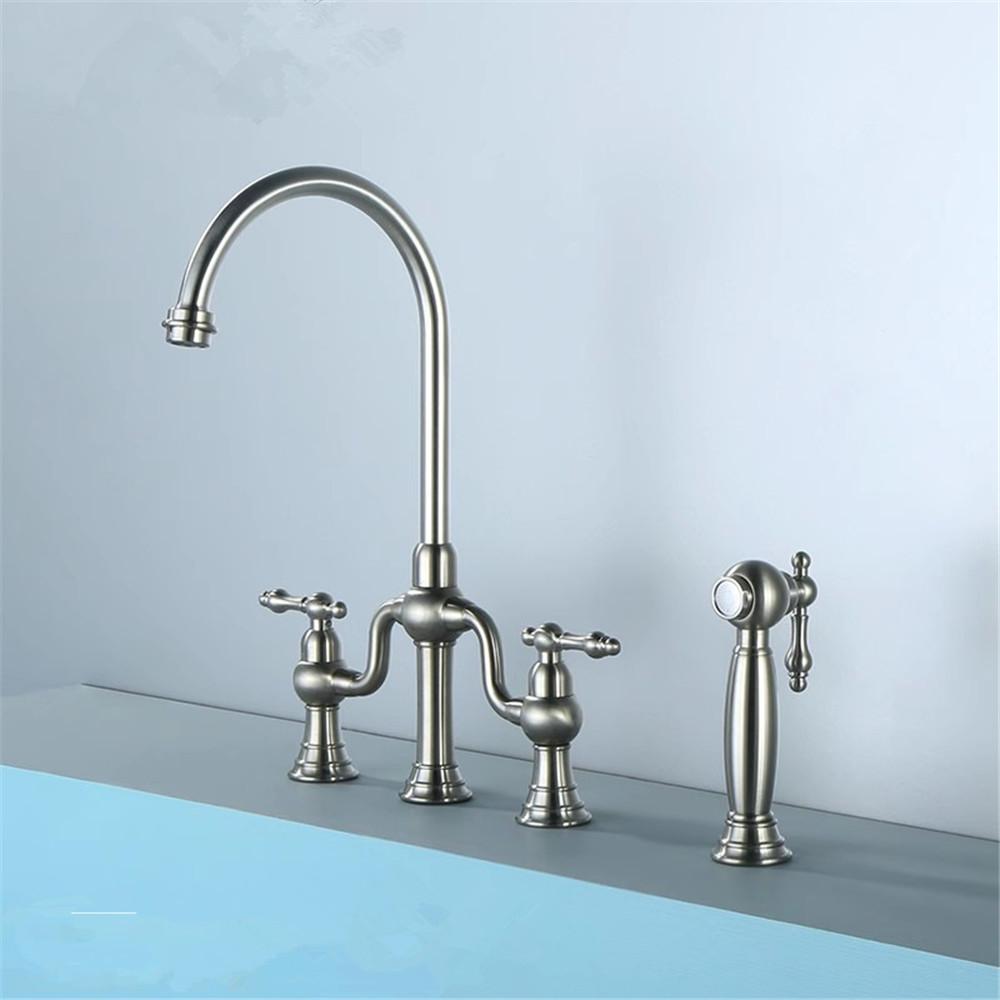 Tuqiu Brushed Gold Kitchen Faucet with Hand shower Head Black Pot Filler Tap Deck Mounted Hot Cold  Black Sink Tap Spout  Brass