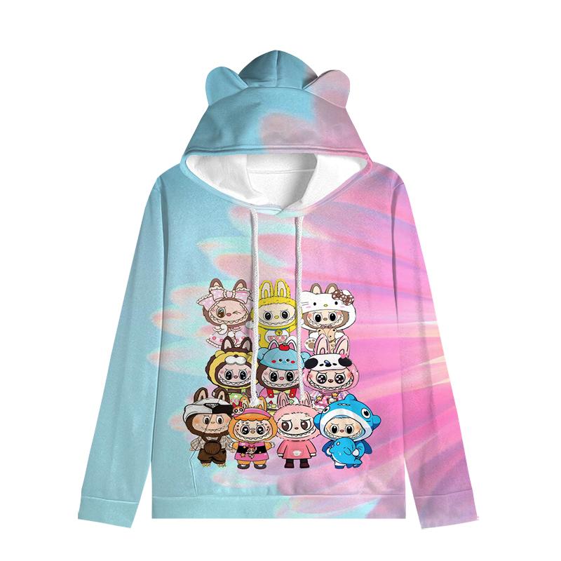 Labubu пуловер дети толстовки с капюшоном кошачьи ушки мультфильм толстовка подростков мальчики девочки косплей костюм толстовки