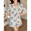 Women Pajamas Purple Flowers Sleepwear Loungewear Student Homewear Two-Piece Set Short-Sleeved Tulip Senior Sense