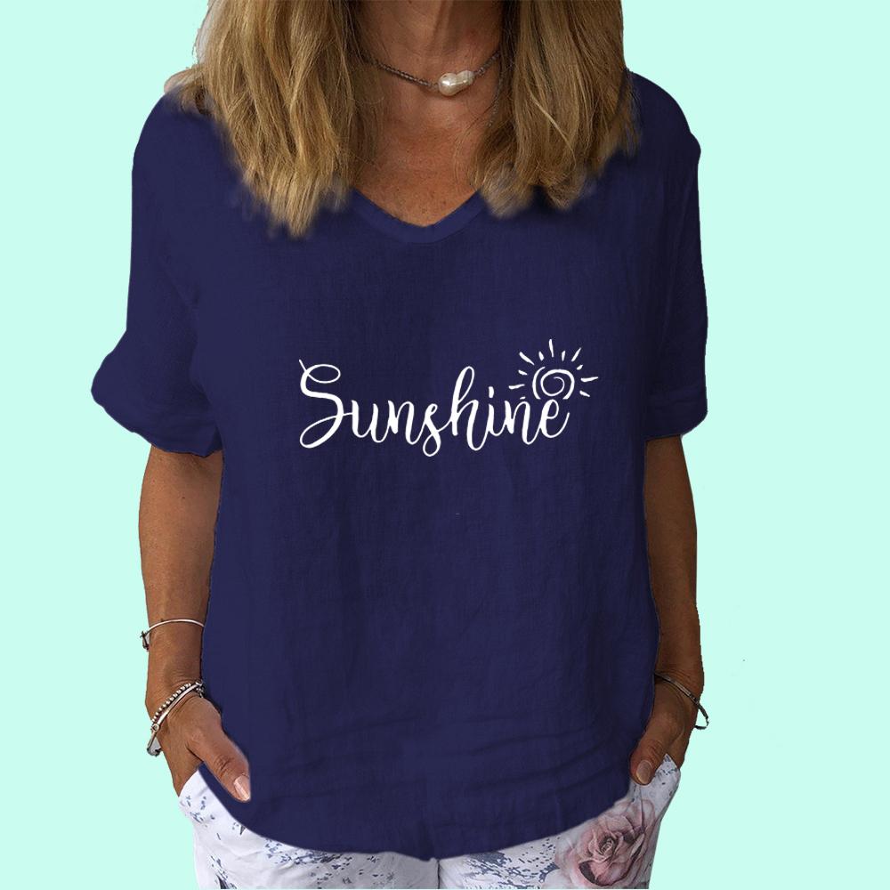 Женская модная футболка с V-образным вырезом, повседневная, из хлопка и льна, с коротким рукавом, женская футболка с принтом