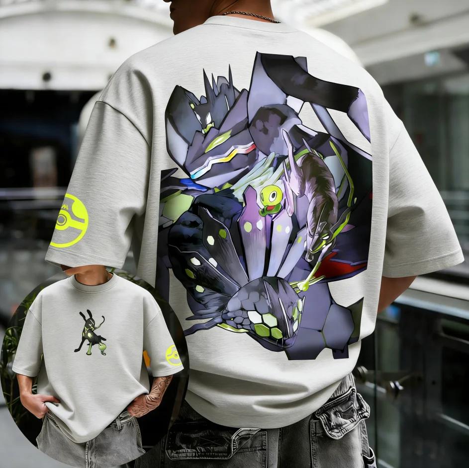 Покемон 2026 Лето Мужская Хлопковая Футболка Streetwear Принт слияния Генгар и Спиритомб Оверсайз Повседневная Для Ежедневной Носки Подарок для Фанатов Аниме