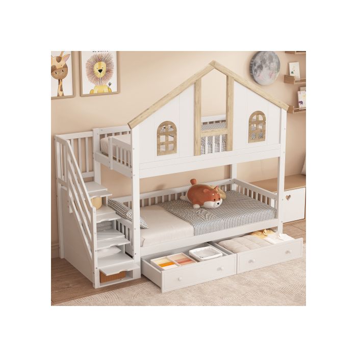 Lit superposé - MUVOE - 90x200 cm - Blanc et tons naturels - 2 tiroirs - Sécurité EN747