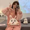 Winter Sleepwear New Coral Plush Pajamas Women Thickened Nightgown Cute Cartoon Pullover Hooded Homewear Set Students Nighty