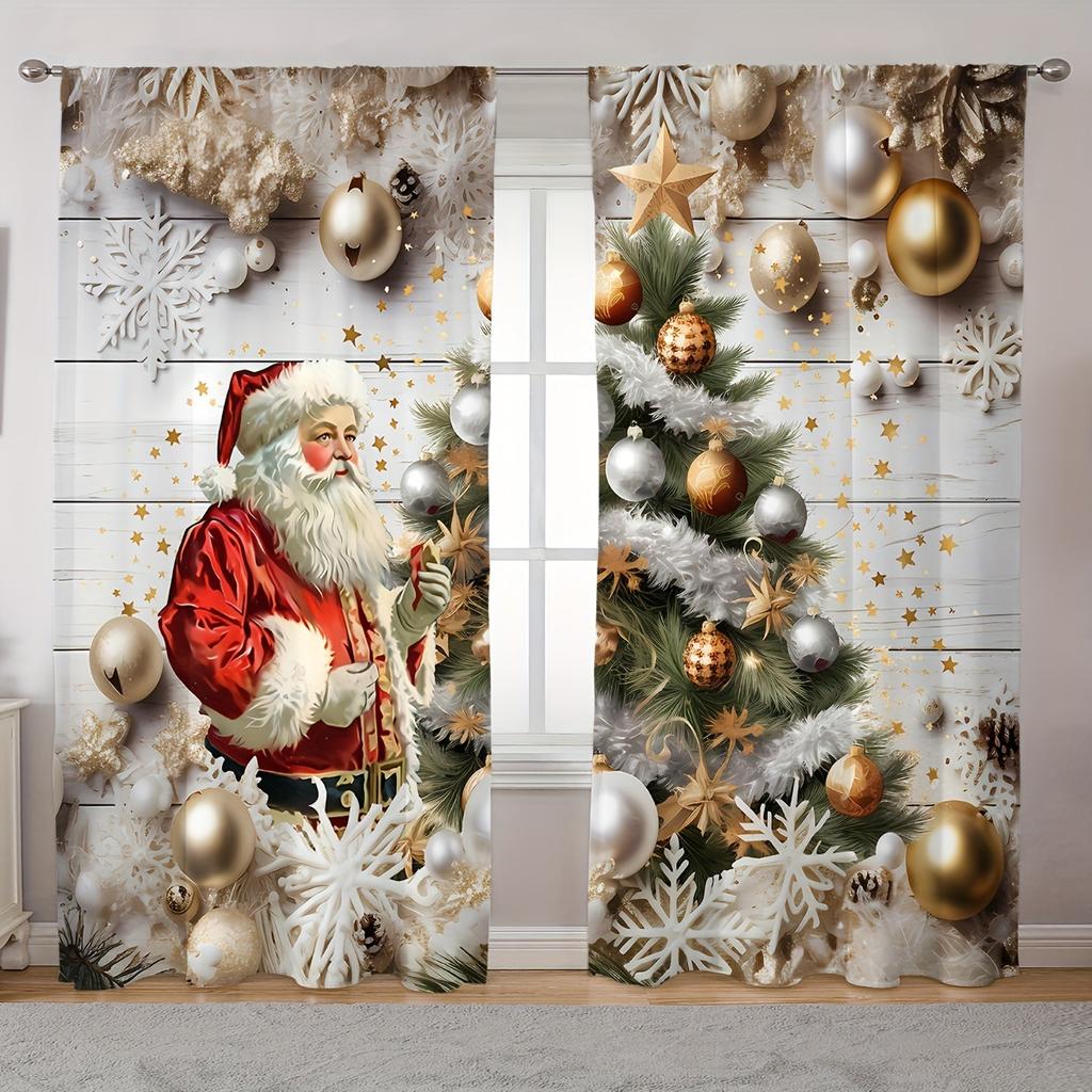 2 Elegant Classic Art Christmas Tree and Snowflake Design Rod Pocket Curtains for Home Decor In Living Room and Bedroom Window