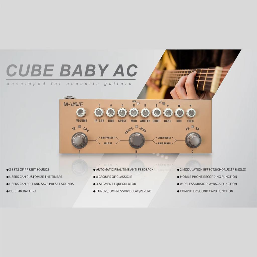 Акустический гитарный процессор M-VAVE Cube Baby AC Pro | 9 симуляторов усилителей/импульсных откликов с эффектами Dly/Chs/Rvb | USB-аудиоинтерфейс и зарядка через Type-C